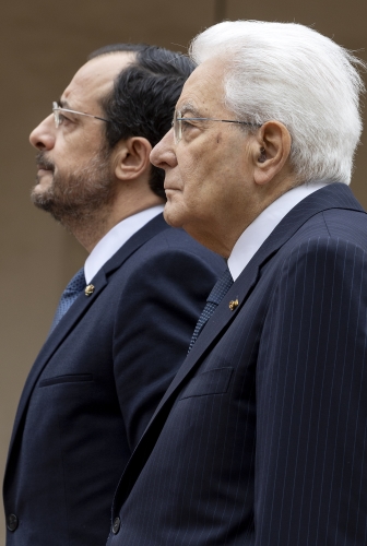 Il Presidente Sergio Mattarella con Nikos Christodoulides, Presidente della Repubblica di Cipro, in occasione degli onori militari