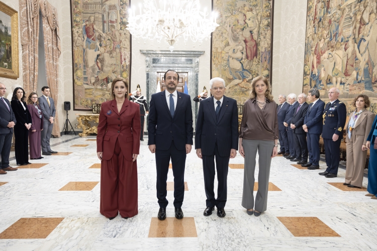 Il Presidente Sergio Mattarella e la Sig.ra Laura con Nikos Christodoulides, Presidente della Repubblica di Cipro e Signora, in visita ufficiale 
