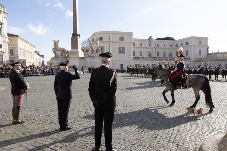 Cambio della Guardia solenne con lo schieramento e lo sfilamento del Reggimento Corazzieri e della Fanfara del IV Reggimento Carabinieri a cavallo in occasione della Giornata dell'Unità Nazionale
